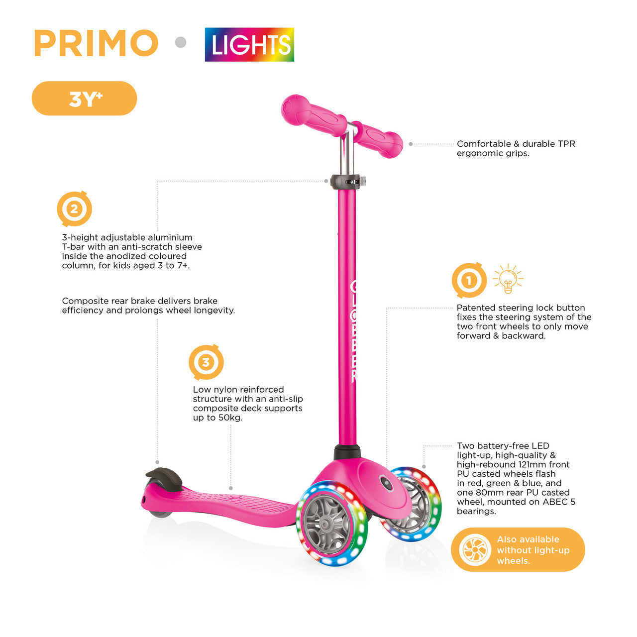 Globber PRIMO V2 Scooter with Lights and Griptape - Fuchsia / Sky Blue