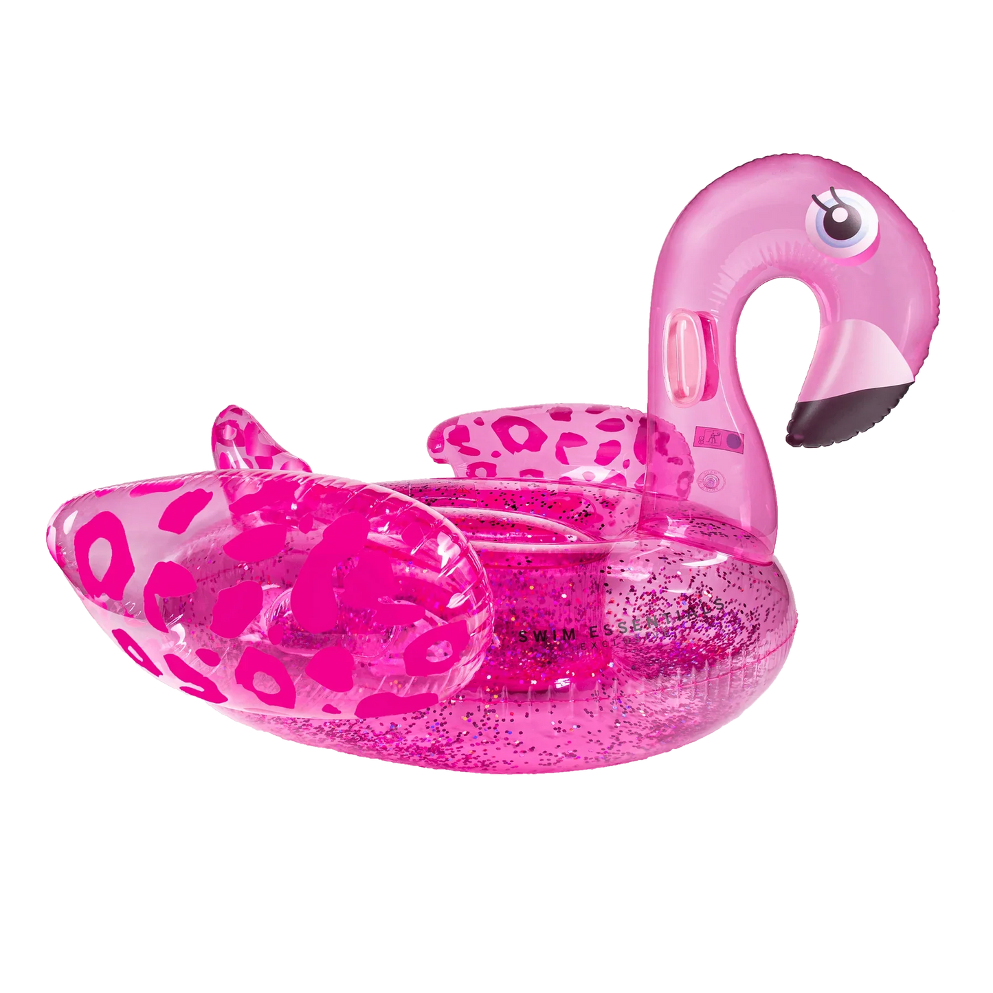 Swim Essentials Neon Pink Flamingo inflatable ride on measuring 150cm with sturdy grab handles for pool and beach adventures