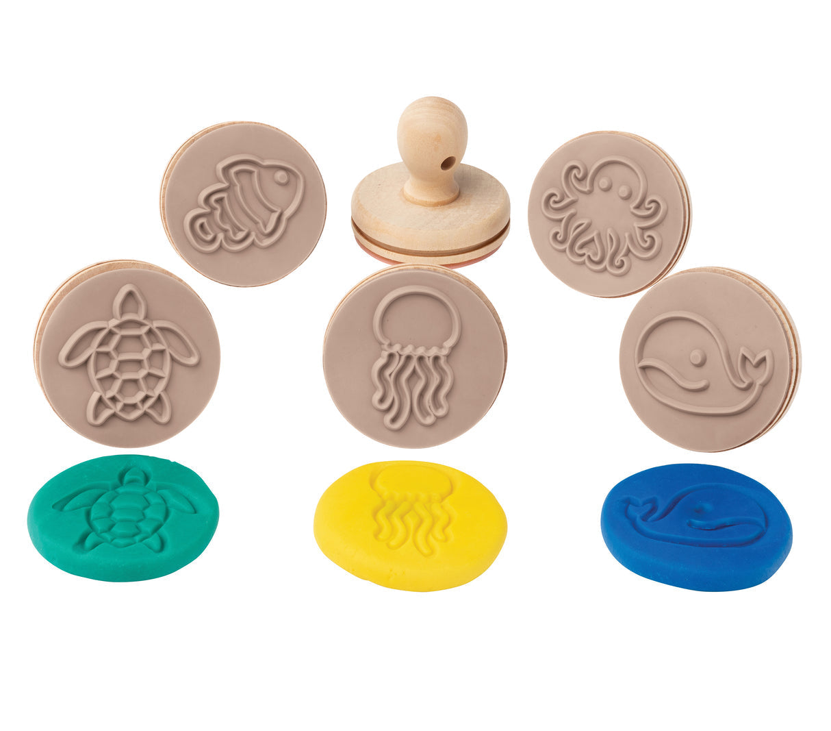 Set of six wooden ocean animal dough stamps for kids creative play