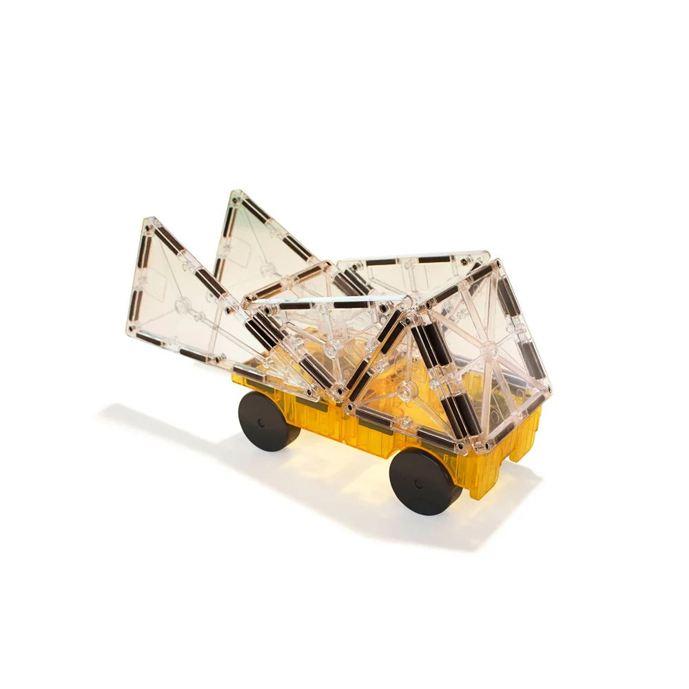 Underside of a MAGNA-TILES car chassis showing the four wheels and moulded lattice