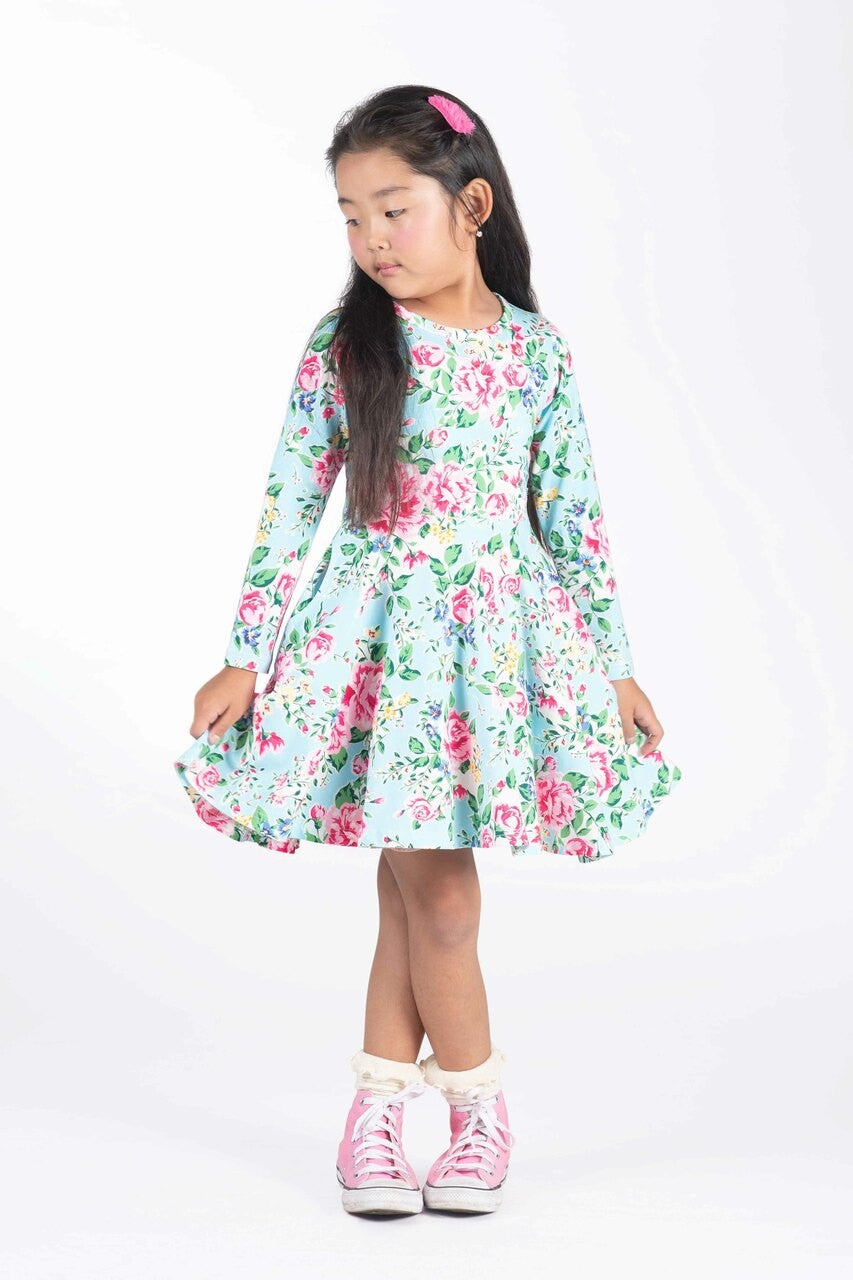 Rock Your Baby - Blue Garden Waisted Dress (sizes 2-7)