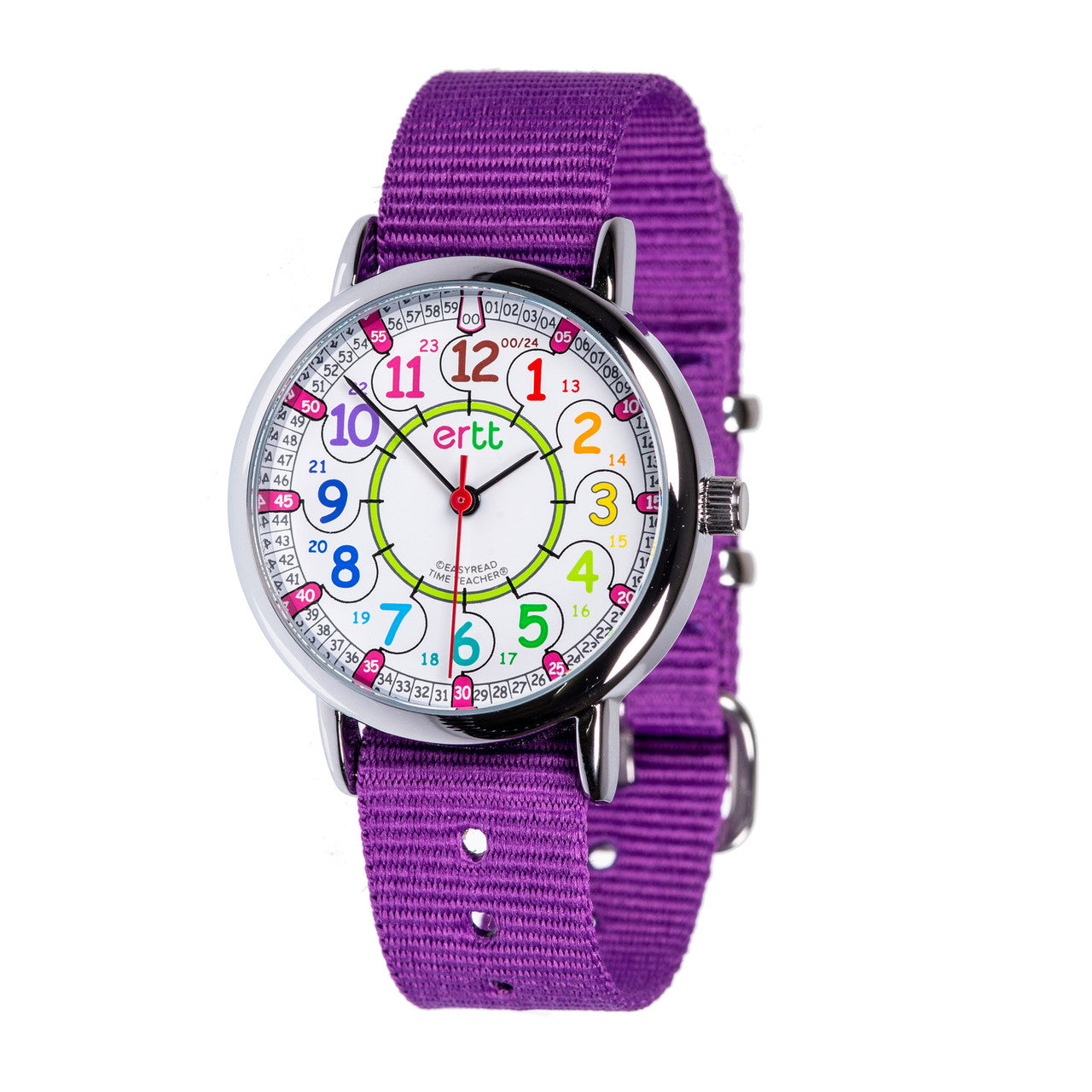 Easy Read Time Teacher 12/24 Hour Watch - Rainbow Face with Purple Strap
