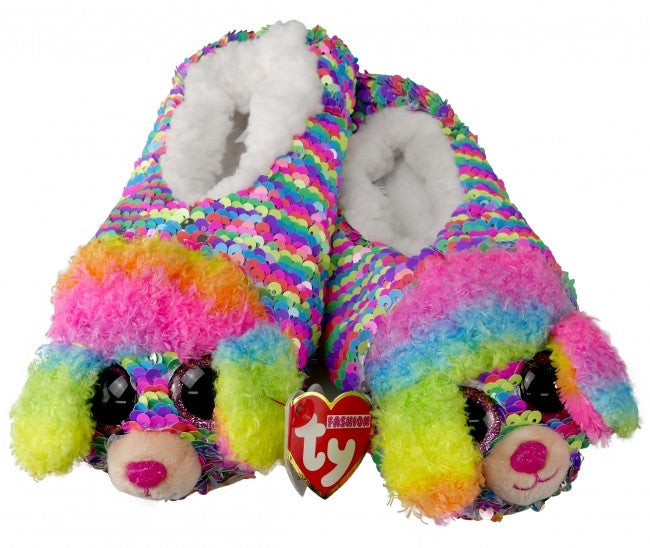 TY Fashion- The Multicoloured Rainbow Poodle Sequin Slippers Medium