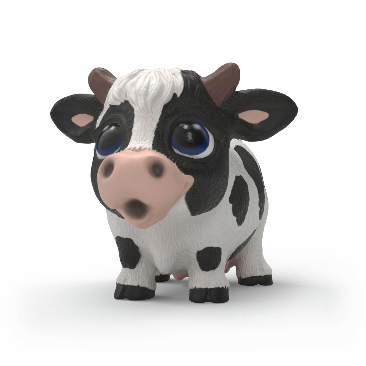 Toy cow figure with black and white spots on a white background