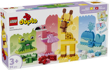 LEGO DUPLO Animal Building Game 10472 featuring colourful animal builds including giraffe, whale, flamingo, crocodile and frog