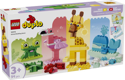 LEGO DUPLO Animal Building Game 10472 featuring colourful animal builds including giraffe, whale, flamingo, crocodile and frog