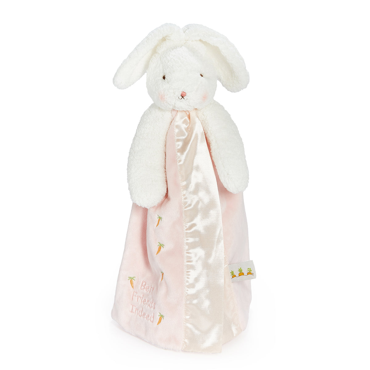 Blossom bunny lovey with a white plush head and blush-pink blanket
