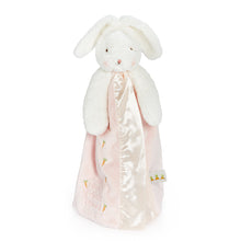 Blossom bunny lovey with a white plush head and blush-pink blanket