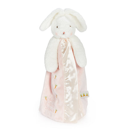 Blossom bunny lovey with a white plush head and blush-pink blanket