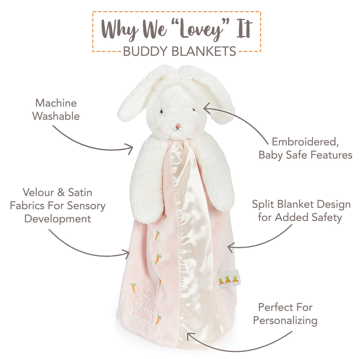 Details of the Blossom Bunny Buddy Blanket: satin trim, embroidered face and carrot tag