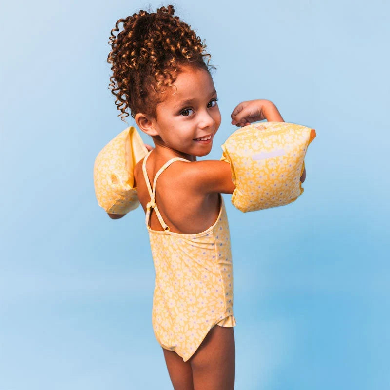 Swim Essentials Inflatable Arm Bands Flourish Yellow for babies aged 0-2 years with yellow floral print and dual air chambers