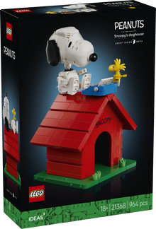 LEGO Ideas Peanuts Snoopy's Doghouse 21368 featuring posable Snoopy and Woodstock on the iconic red doghouse