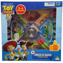 Disney Pixar Toy Story 5 Press-O-Matic board game featuring Woody, Buzz Lightyear and Jessie
