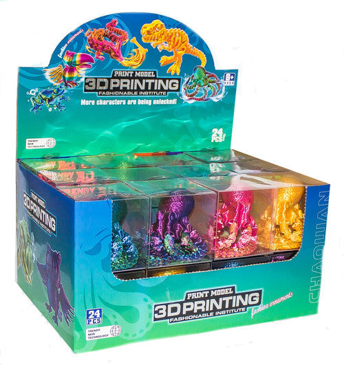 Assorted colourful 3D printed articulated octopus figures with flexible tentacles in display box for sensory and collectible play.