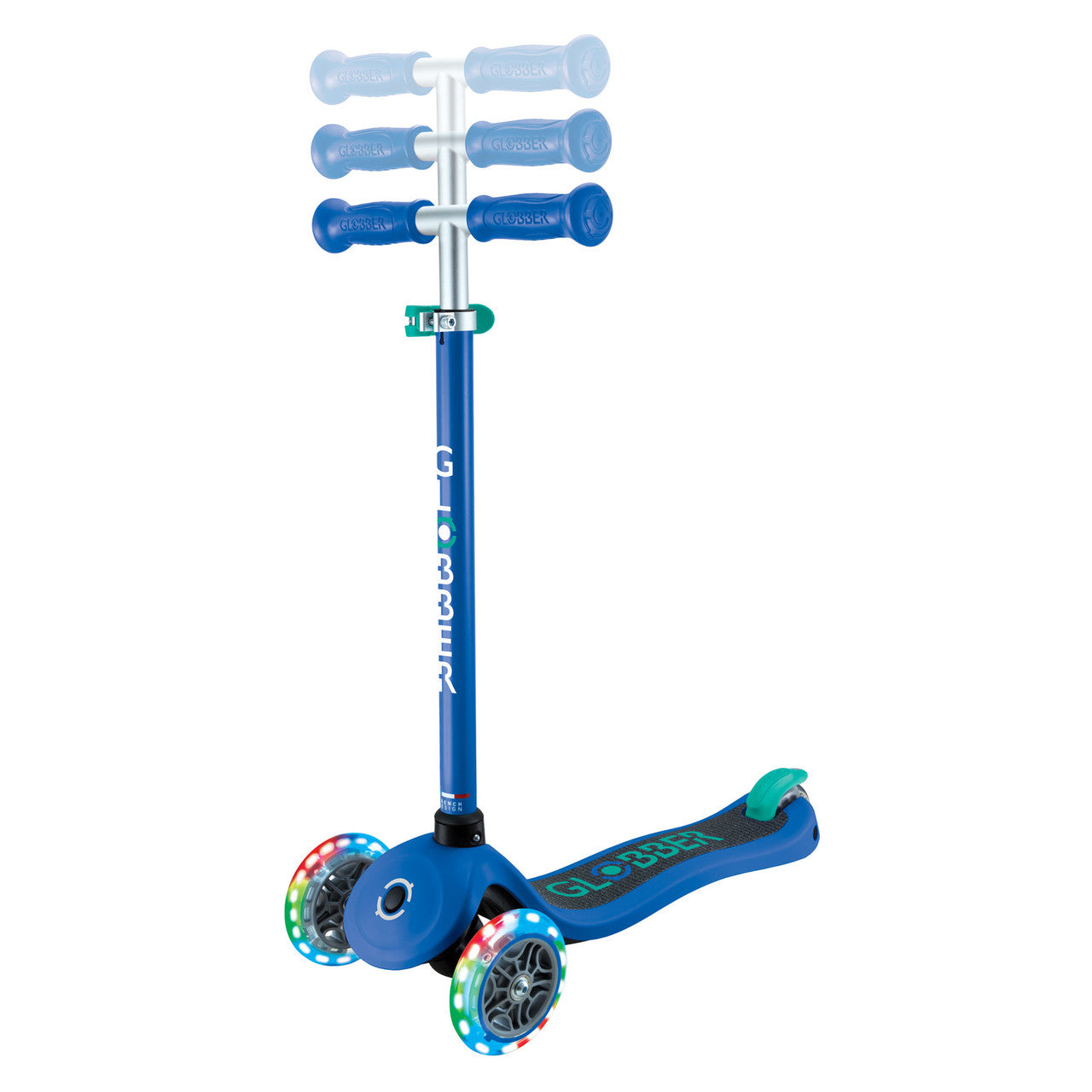 Globber - PRIMO  Scooter with Lights and Griptape - Navy Blue/ Emerald Green