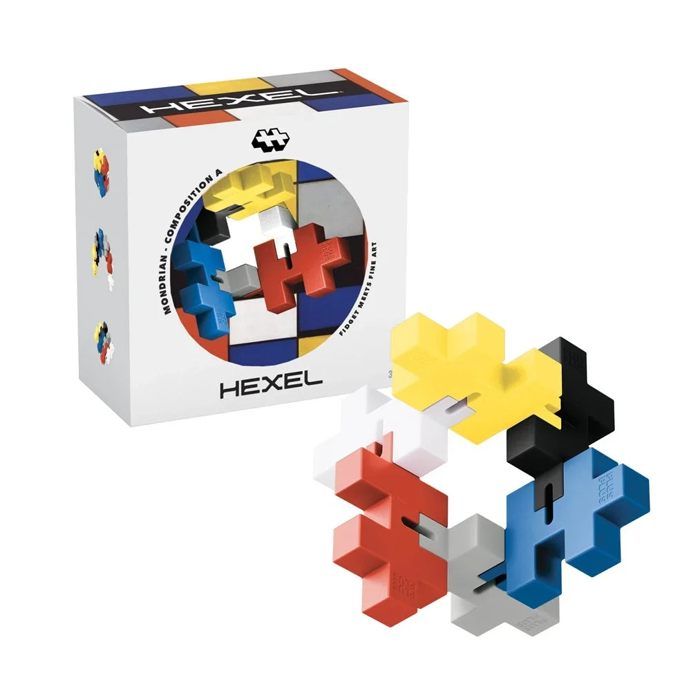 Plus-Plus HEXEL Mondrian Composition A flexible sensory fidget toy inspired by Piet Mondrian with six interconnected colourful pieces