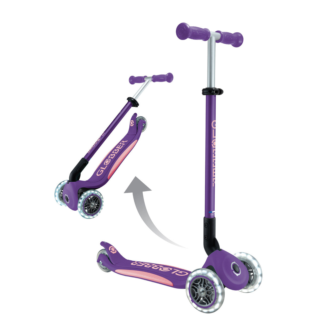 Globber - PRIMO FOLDABLE PLUS Scooter with Lights - Purple/Pastel Pink