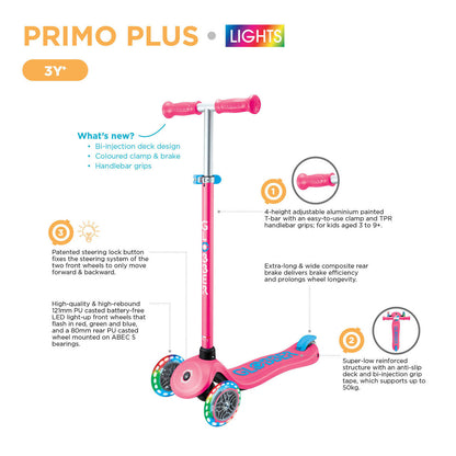Globber - PRIMO PLUS with LIGHTS Scooter - Purple/ Pastel Pink