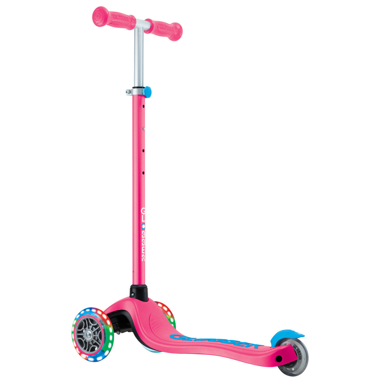 Globber Primo PLUS with LIGHTS 3 Wheel Scooter - Fuchsia Pink / Sky Blue