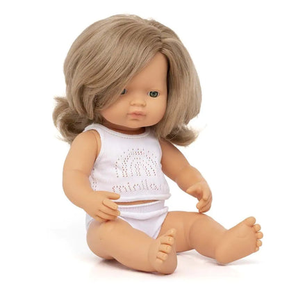 Miniland Doll 38cm - Caucasian Dark Blonde Girl Baby Doll  (Dressed)