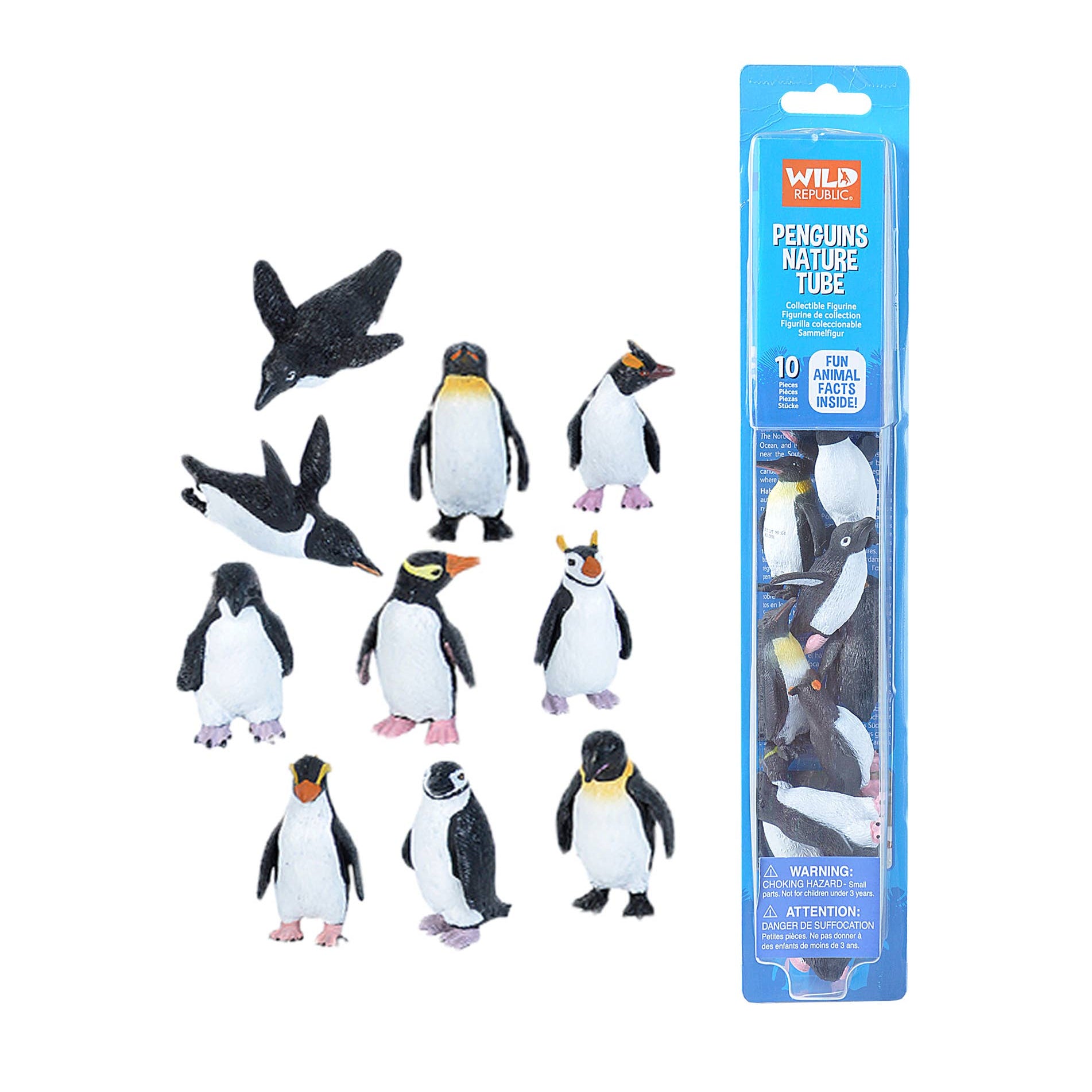 Set of penguin figurines with a packaging tube labeled 'Wild Republic' on a white background.