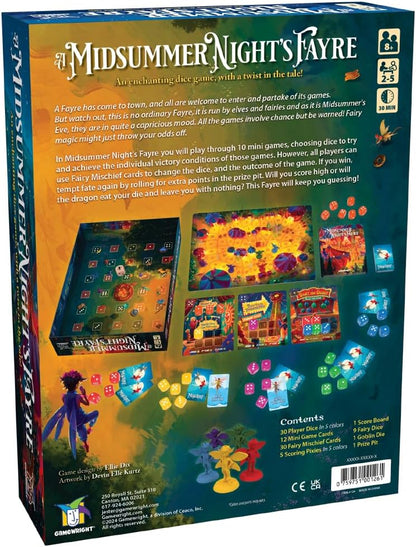 Back of Gamewright A Midsummer Nights Fayre game box showing contents
