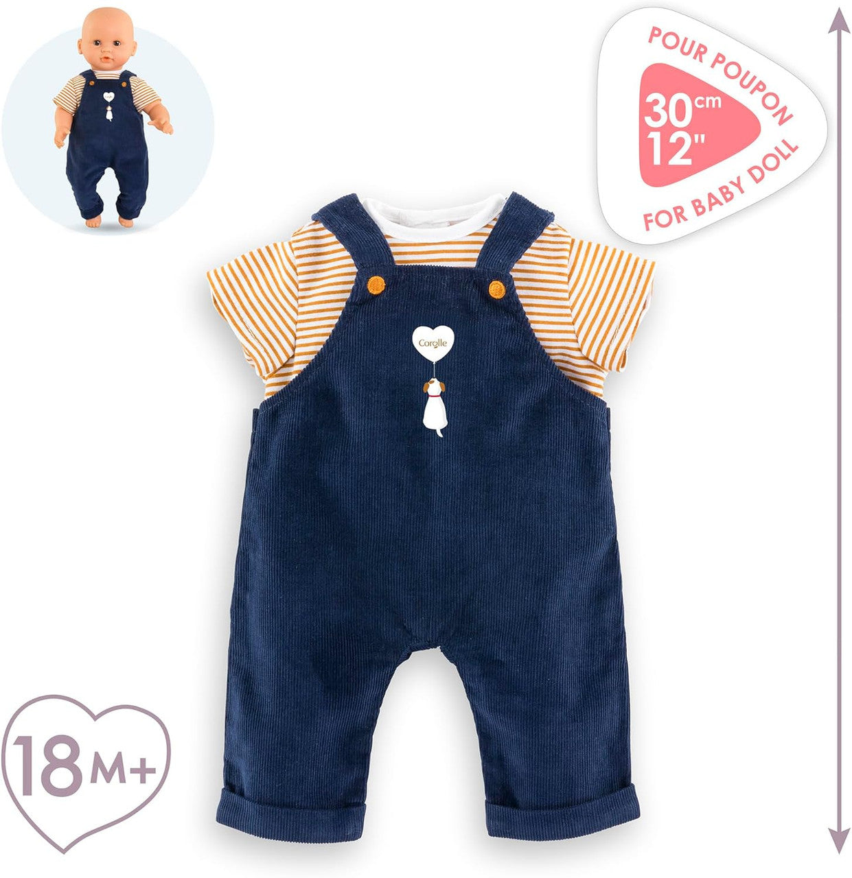 Corolle - Mon Premier Striped T-Shirt and Navy Overalls Set 30cm