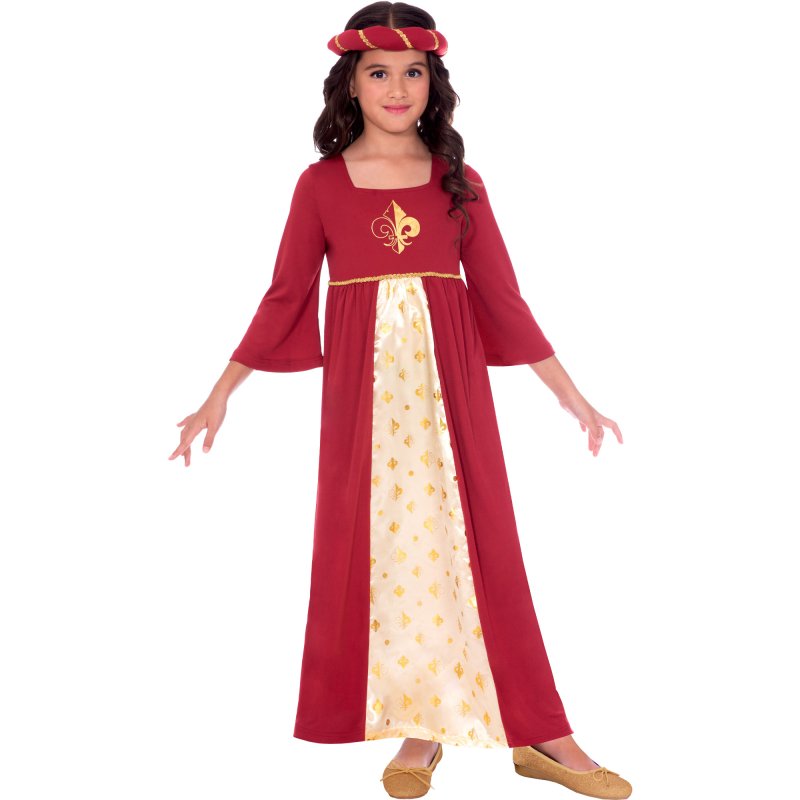 Anagram Tudor Princess Red Costume featuring a regal red medieval princess gown for kids
