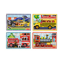 Four children's puzzles featuring a car, school bus, fire truck, and train on a white background.