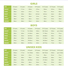 A size chart table for children's clothing, divided into sections for Girls, Boys, and Unisex Kids. The table lists age ranges in years, height in centimeters, chest, waist, neck, sleeve, and inseam measurements, with alternating light green and white rows.