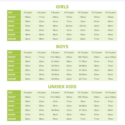 A size chart table for children's clothing, divided into sections for Girls, Boys, and Unisex Kids. The table lists age ranges in years, height in centimeters, chest, waist, neck, sleeve, and inseam measurements, with alternating light green and white rows.