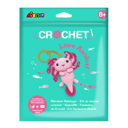 Avenir Love Axolotl Crochet Keychain DIY craft kit displayed on a white backgr
