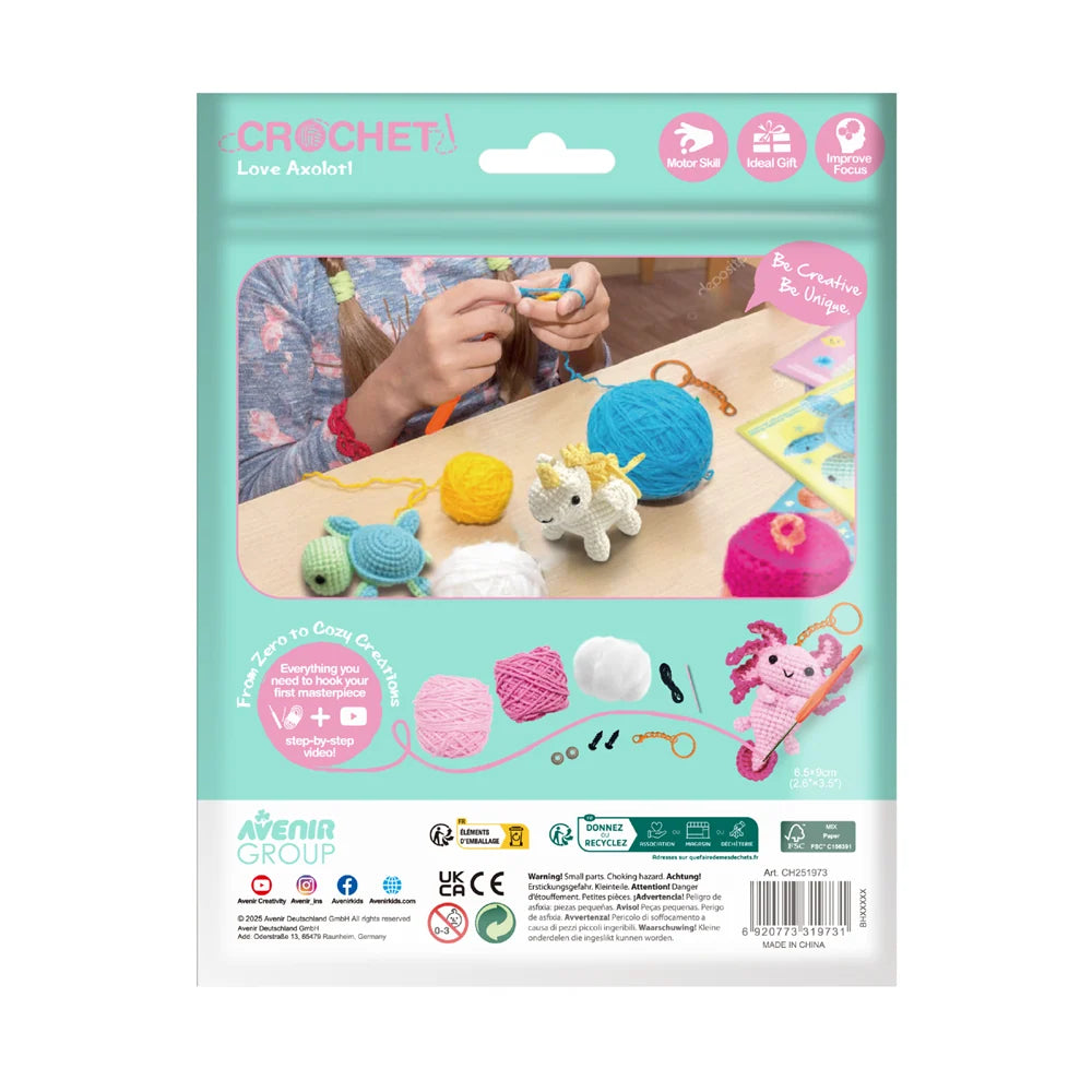 Love Axolotl crochet keychain craft kit showing its cute axolotl-inspired character desi