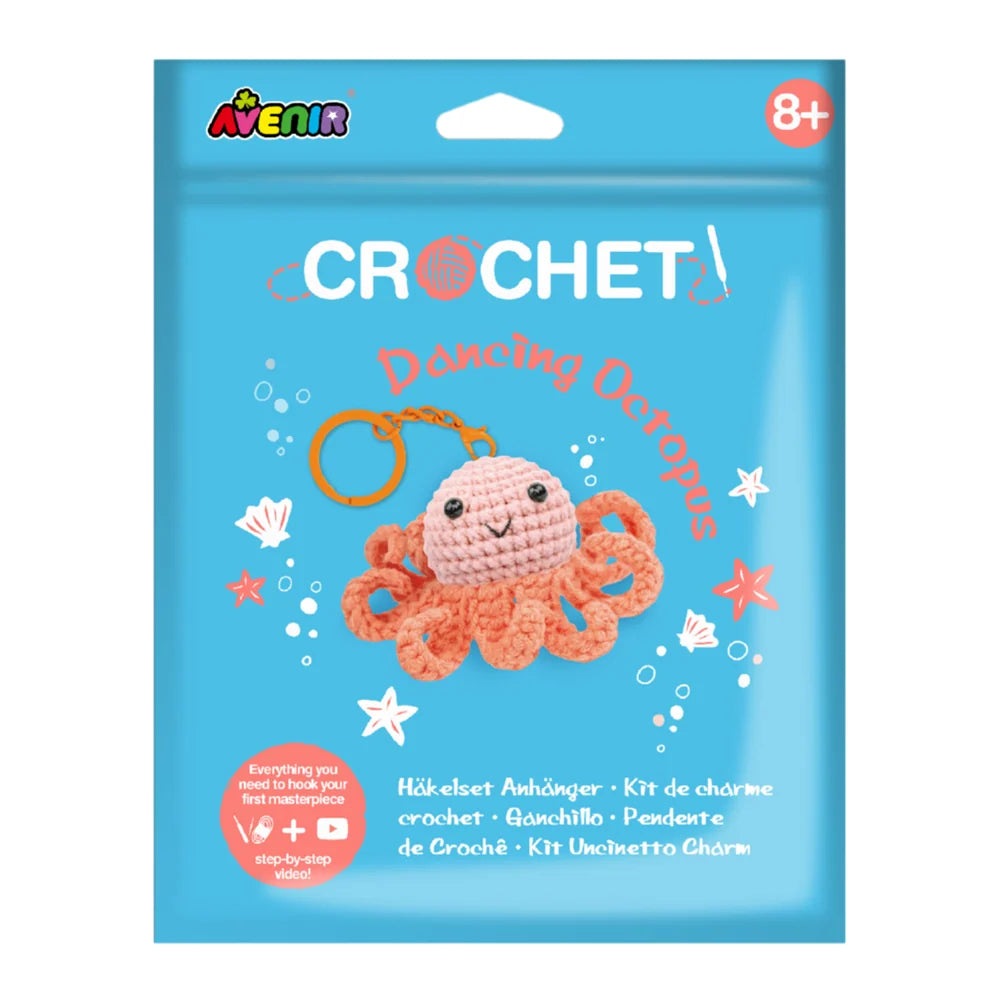 Avenir Dancing Octopus Crochet Keychain DIY craft kit displayed on a white backgr
