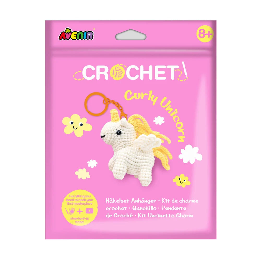 Avenir Curly Unicorn Crochet Keychain DIY craft kit displayed on a white backgr