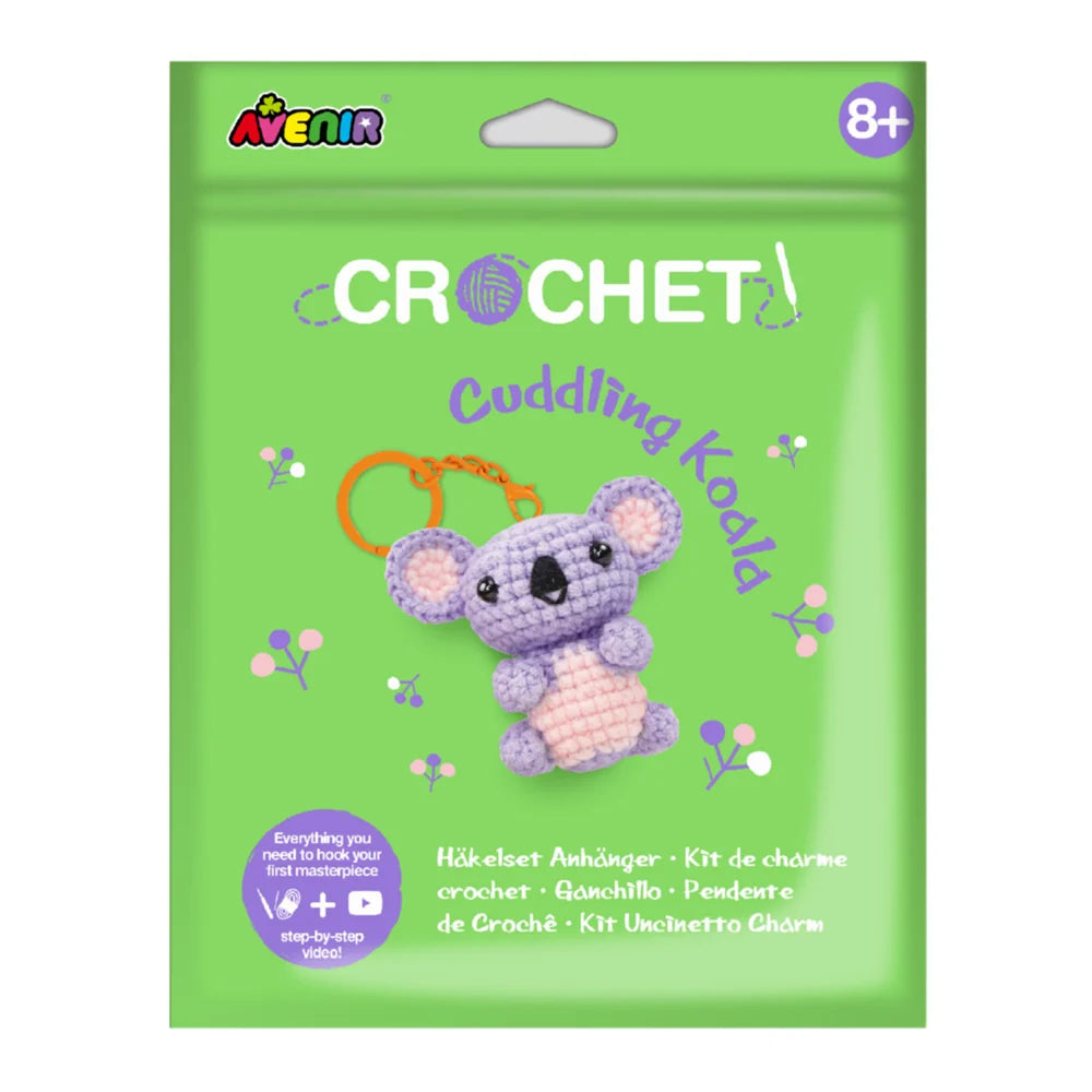 Avenir Cuddling Koala Crochet Keychain DIY craft kit displayed on a white backgr