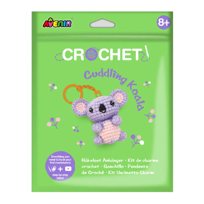 Avenir Cuddling Koala Crochet Keychain DIY craft kit displayed on a white backgr