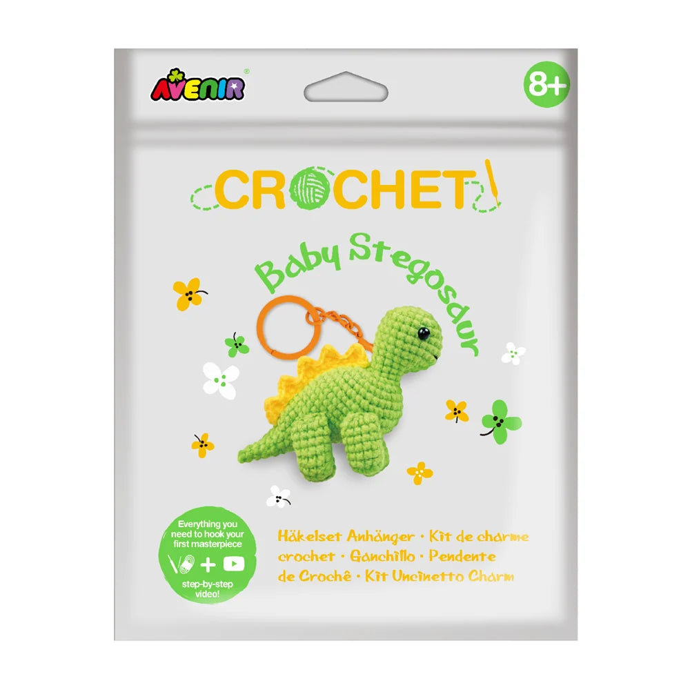Avenir Baby Stegosaur Crochet Keychain DIY craft kit displayed on a white backgr