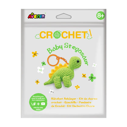 Avenir Baby Stegosaur Crochet Keychain DIY craft kit displayed on a white backgr