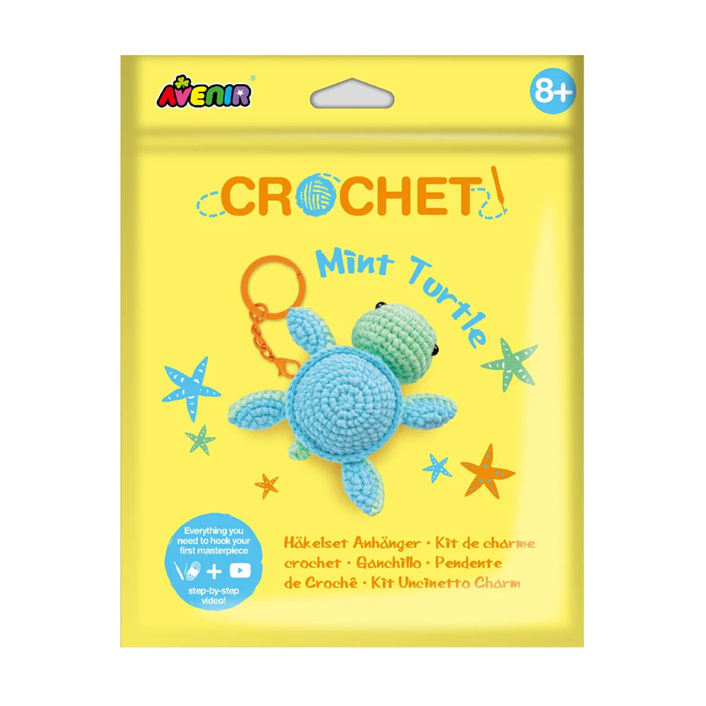 Avenir Mint Turtle Crochet Keychain DIY craft kit displayed on a white backgr