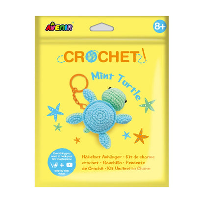 Avenir Mint Turtle Crochet Keychain DIY craft kit displayed on a white backgr