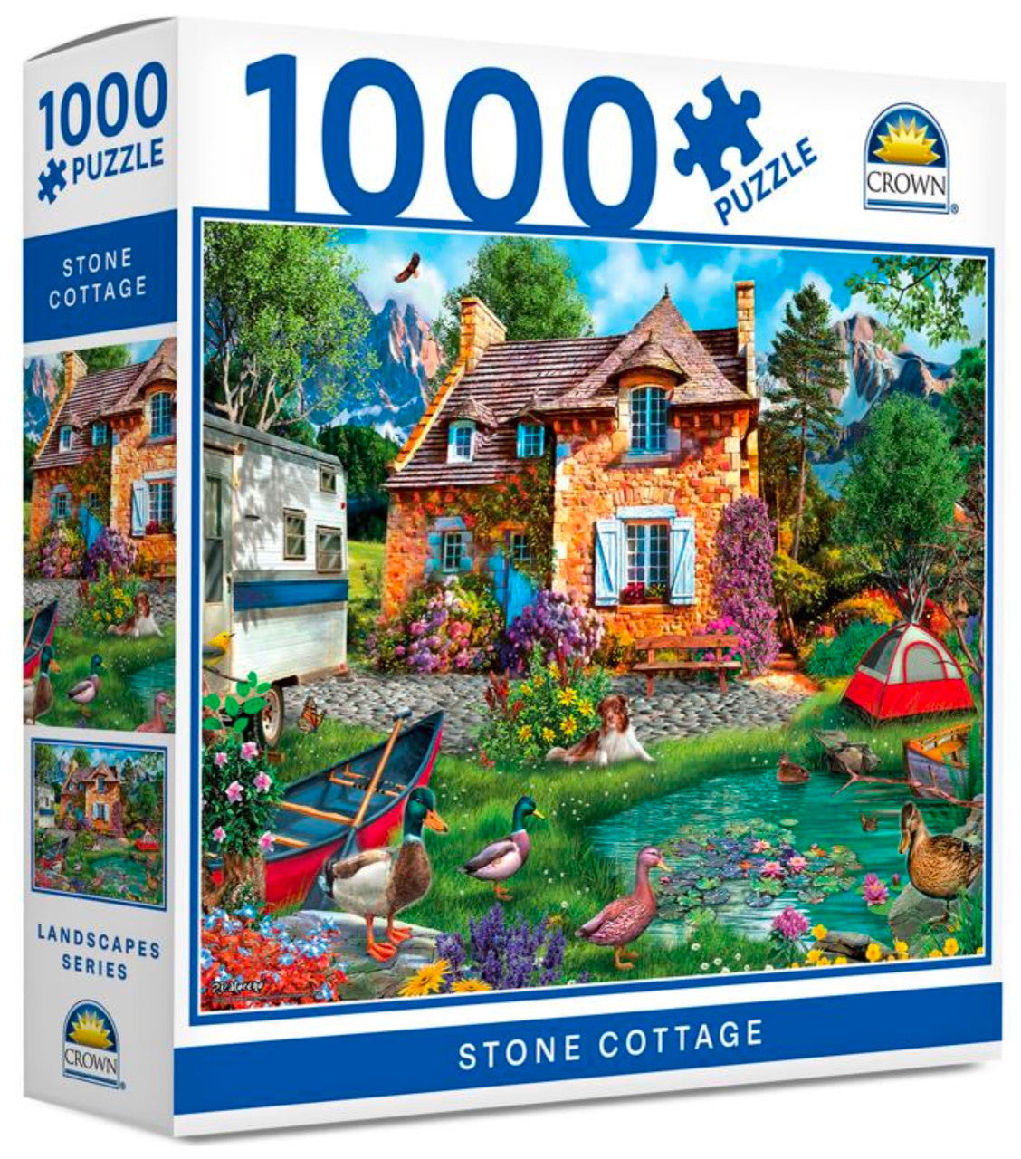 Crown 1000 piece Stone Cottage puzzle featuring a countryside cottage, flowers, ducks and mountain scenery