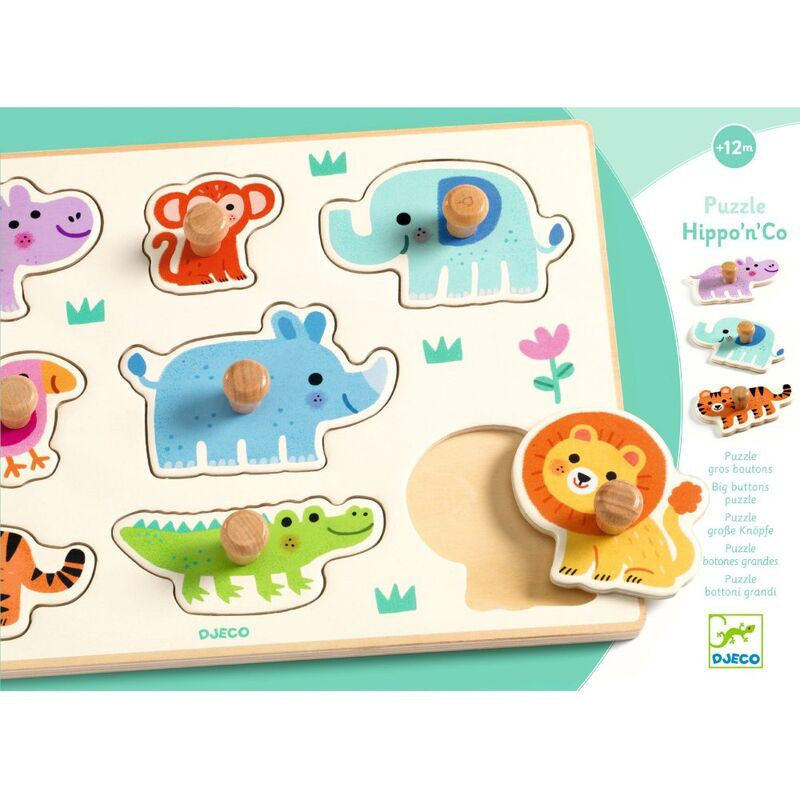 Djeco - Hippo'n'Co Big Button Wild Animals Puzzle 8pc