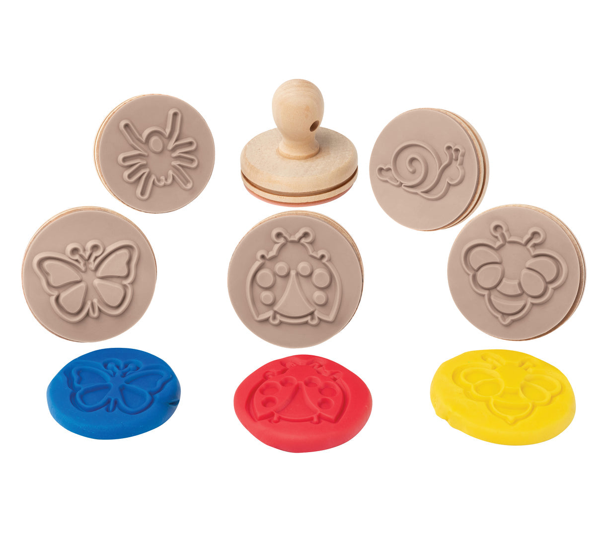 Wooden bug stamps for playdough including butterfly bee snail and ladybug designs