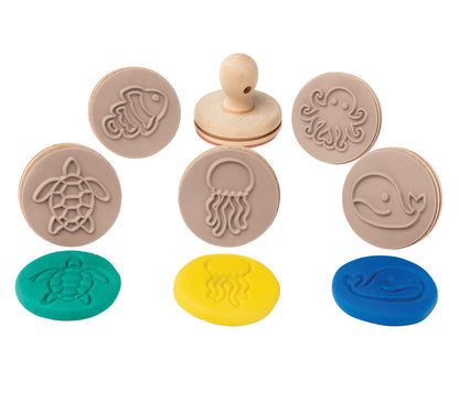 Set of six wooden ocean animal dough stamps for kids creative play