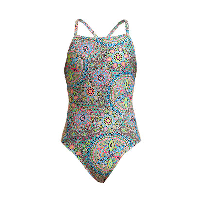 Funkita Girls Pretti Penny Tie Me Tight One Piece Swimsuit with adjustable tie back and chlorine-resistant ECO C-INFINITY fabric