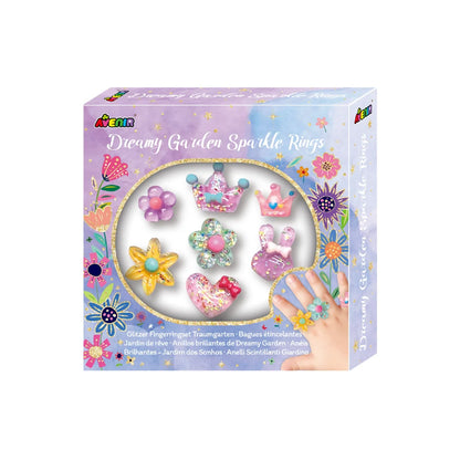 Avenir Dreamy Garden Sparkle Rings 7-piece kids jewellery set displayed together on a white backgr