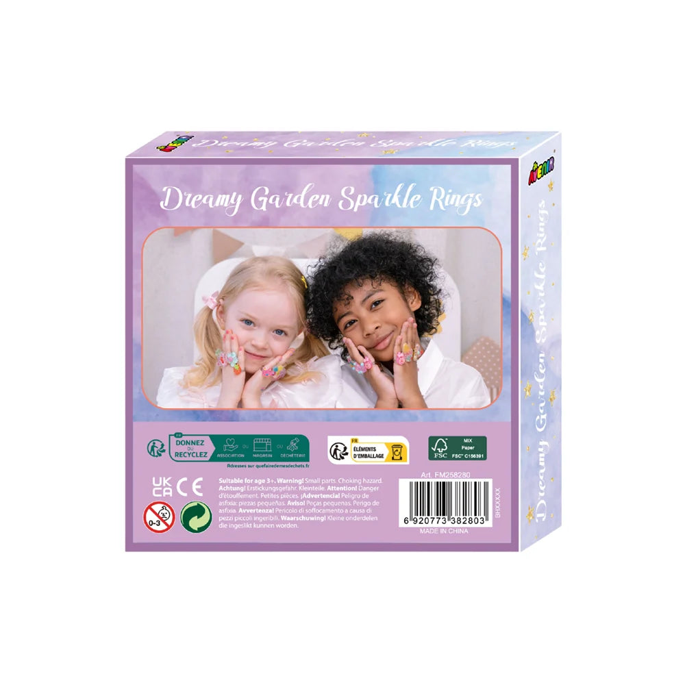 Seven Dreamy Garden sparkle rings displayed together, showing the variety included in the kids jewellery s