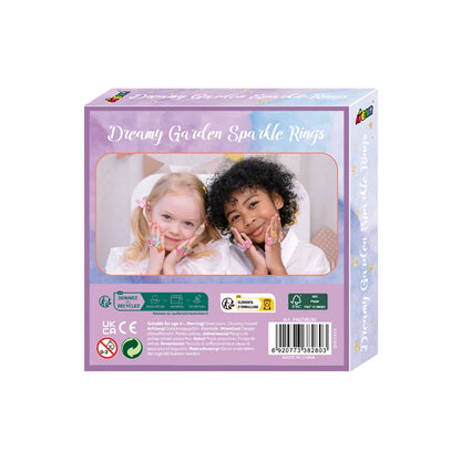 Seven Dreamy Garden sparkle rings displayed together, showing the variety included in the kids jewellery s