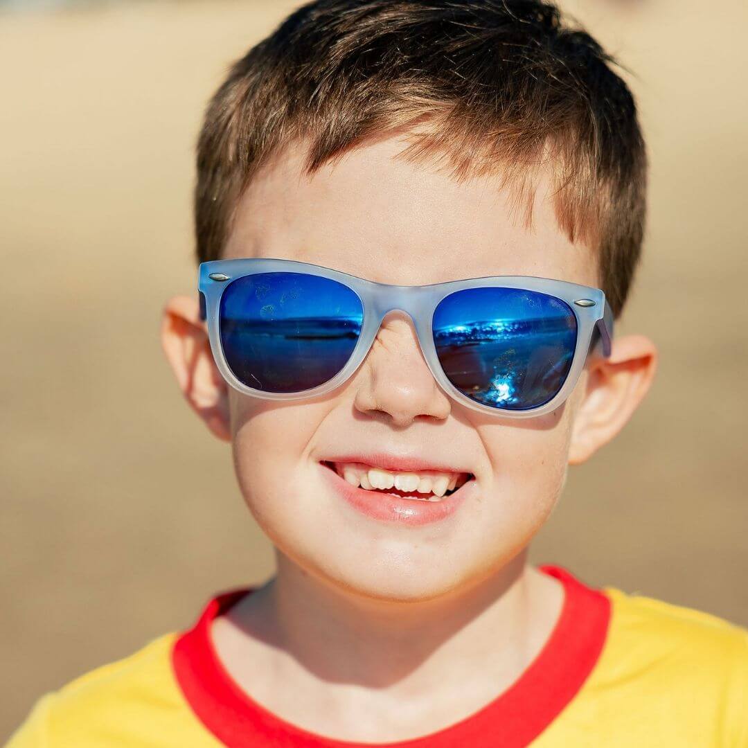 Frankie Ray Kids Sunglasses Gadget Blue Haze with sporty wrap-style frame and UV400 smoke lenses for children aged 3 to 8 years